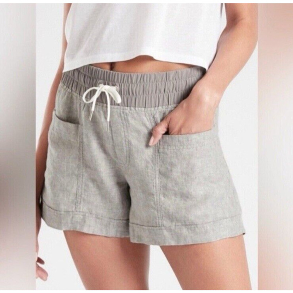 Athleta Cabo Shorts 4 Linen 4” Gray 100% Linen Pull‎ On Drawstring Closure